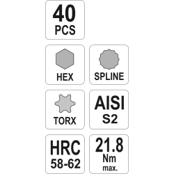 Końcówki wkrętakowe torx, hex, spline, kpl. 40 szt. YT-0400 YATO