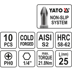 Końcówki wkrętakowe ph0x25 mm, kpl. 10 szt. YT-0473 YATO