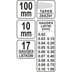 Szczelinomierz 100 mm, 17 listków, 0,02-1 mm YT-7220 YATO