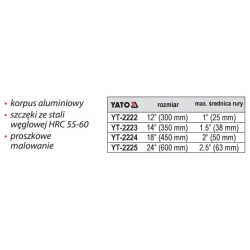 Klucz do rur, aluminiowy 400 mm YT-2224 YATO