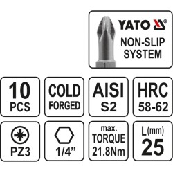 Końcówki wkrętakowe pz3x25 mm, kpl. 10 szt. YT-0472 YATO