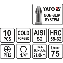 Końcówki wkrętakowe ph2x75 mm, kpl. 10 szt. YT-0480 YATO