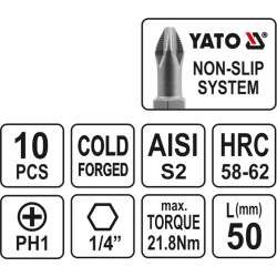 Końcówki wkrętakowe phx1x50 mm, kpl. 10 szt / YT-0477 / YATO