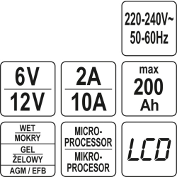 Prostownik elektroniczny z wyświetlaczem LCD, zakres 6V/2A, 12V/10A YT-83002 Yato