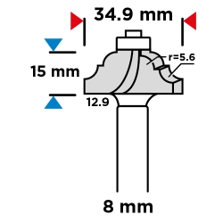 Frez kształtowy z łożyskiem, ozdobny, HM, 34.9 x 15 mm, trzpień 8 mm GRAPHITE 56H233