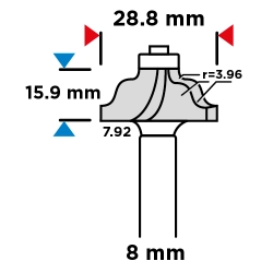 Frez kształtowy z łożyskiem, ozdobny, HM, 28.8 x 15.9 mm, trzpień 8 mm GRAPHITE 56H239