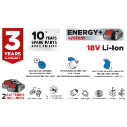 Wiertarko-wkrętarka akumulatorowa Energy+ 18V, Li-Ion, uchwyt 13 mm, 2 aku 2Ah, ład, walizka GRAPHITE 58G006-SET2