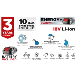 Wiertarko-wkrętarka akumulatorowa bezszczotkowa Energy+ 18V, Li-Ion, 13 mm, aku 2Ah, ład, walizka GRAPHITE 58G019-SET1